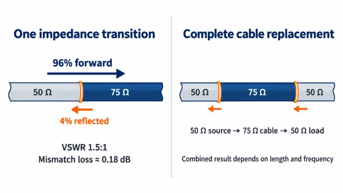 impedance mismatch created by using 75 ohm coax cable instead of 50 ohm